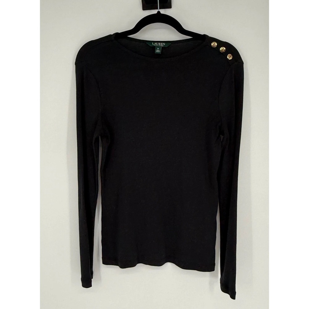 Ralph Lauren Shirt Black Medium Shoulder Buttons Long Sleeve 100% Cotton Elegant
